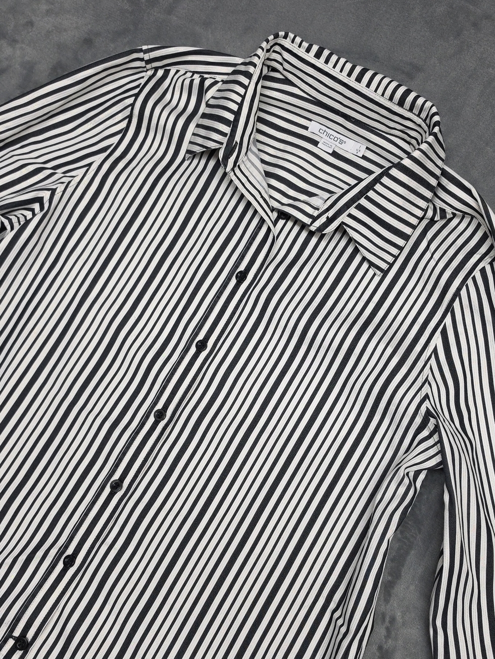Chico's 8 Black and White Gold Accent Vertical Stripe Button-Down Shirt
